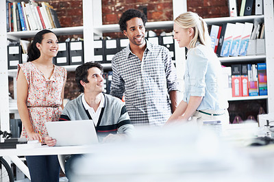 Buy stock photo Team, laptop and smile with business people in office for planning, interior design pitch and feedback. Digital decor rendering, client briefing and meeting with employees in agency for research