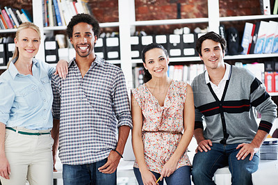 Buy stock photo Happy, portrait and professional with business people in office for workshop, community and team. Solidarity, collaboration and about us with employees in creative agency for startup and pride