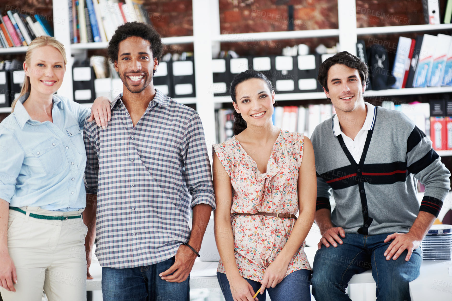 Buy stock photo Happy, portrait and professional with business people in office for workshop, community and team. Solidarity, collaboration and about us with employees in creative agency for startup and pride