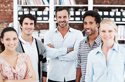 Buy stock photo Happy, portrait and team with business people in office for workshop, community and professional. Solidarity, collaboration and about us with employees in creative agency for startup and pride