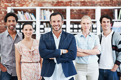 Buy stock photo Leader, arms crossed and portrait of business people in office for architect, about us and community. Collaboration, designer solidarity and mentor with group of employees in agency for team