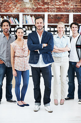 Buy stock photo Leader, team and portrait of business people in office for architect, about us and community. Collaboration, designer solidarity and mentor with group of employees in agency with arms crossed