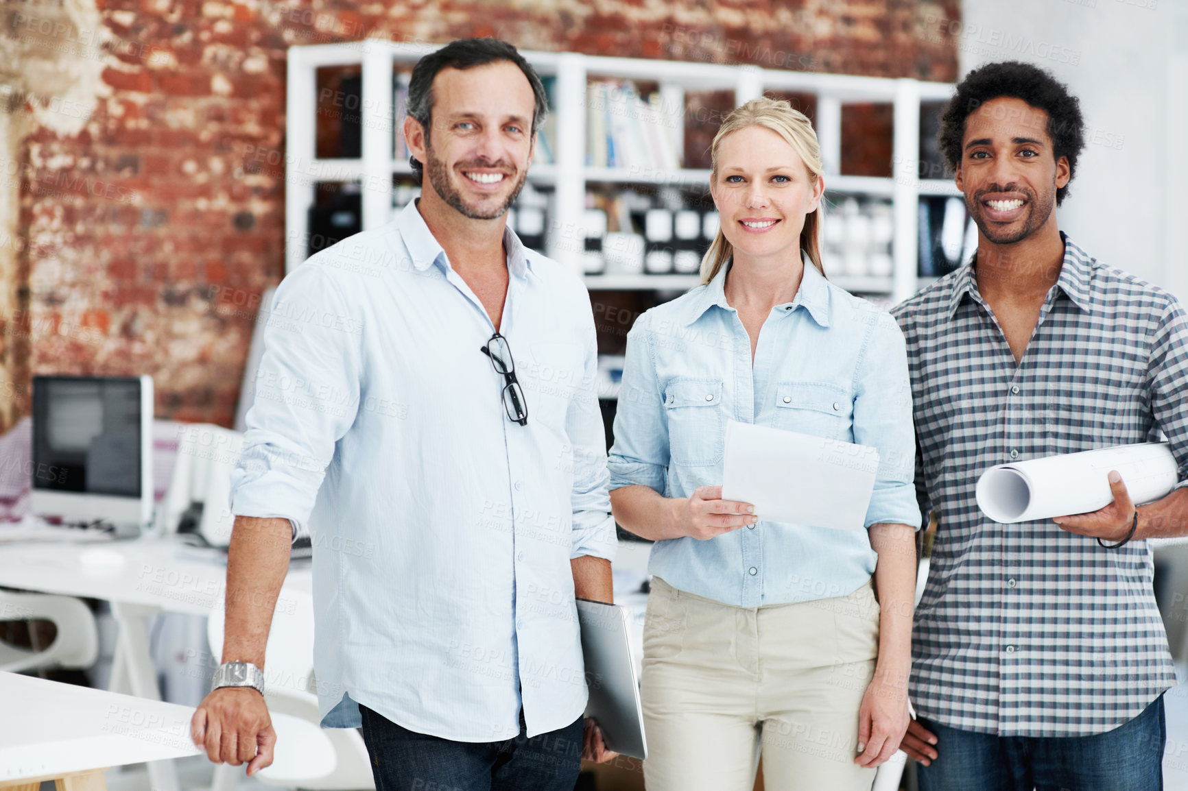 Buy stock photo Team, blueprint and portrait of business people in office for architect, about us and community. Collaboration, designer solidarity and confidence with employees in agency for career and growth