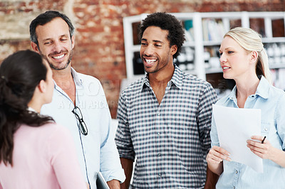 Buy stock photo Meeting, planning and team with business people in office for mentor, design briefing and brainstorming. Creative crit session, manager feedback and collaboration with employees in startup agency