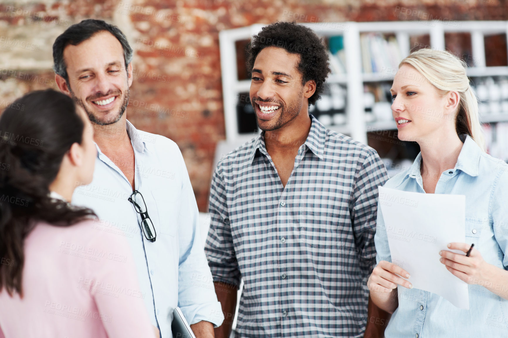Buy stock photo Meeting, planning and team with business people in office for mentor, design briefing and brainstorming. Creative crit session, manager feedback and collaboration with employees in startup agency