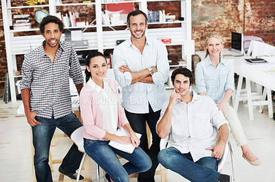 Buy stock photo Diversity, portrait and smile with business people in office for designer, about us or team. Community, creative startup or collaboration with group of employees in agency for pride and professional