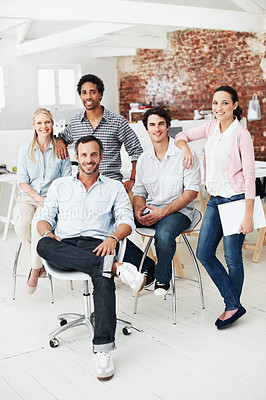 Buy stock photo Smile, portrait and professional with business people in office for workshop, community and team. Solidarity, collaboration and about us with employees in creative agency for startup and pride