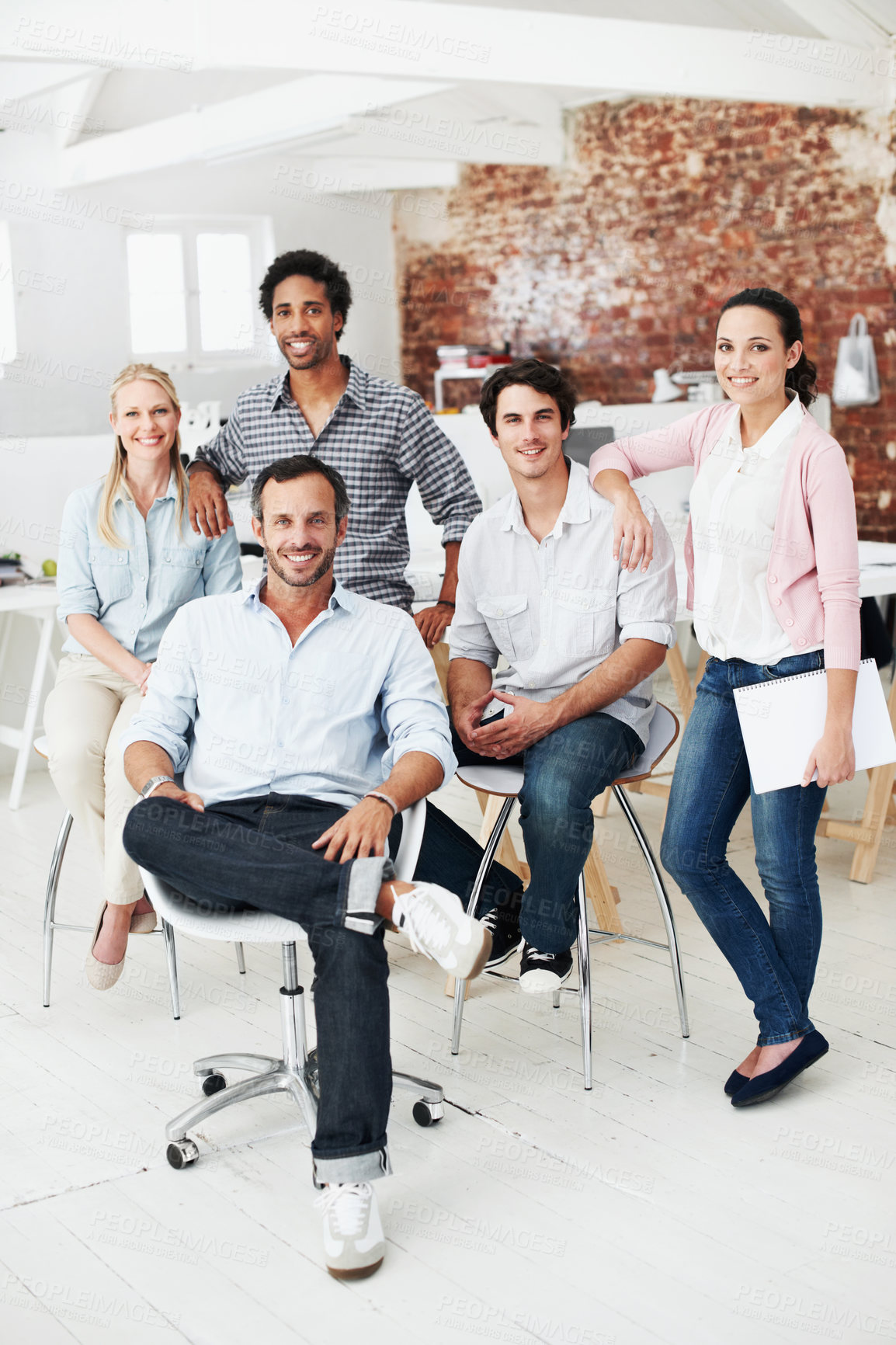 Buy stock photo Smile, portrait and professional with business people in office for workshop, community and team. Solidarity, collaboration and about us with employees in creative agency for startup and pride