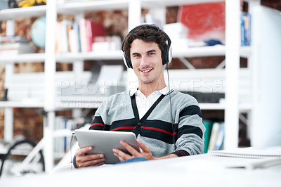 Buy stock photo Headphones, tablet and portrait with business man in office for web developer, research and planning. Logo design, creative project and music with person in startup agency for branding update