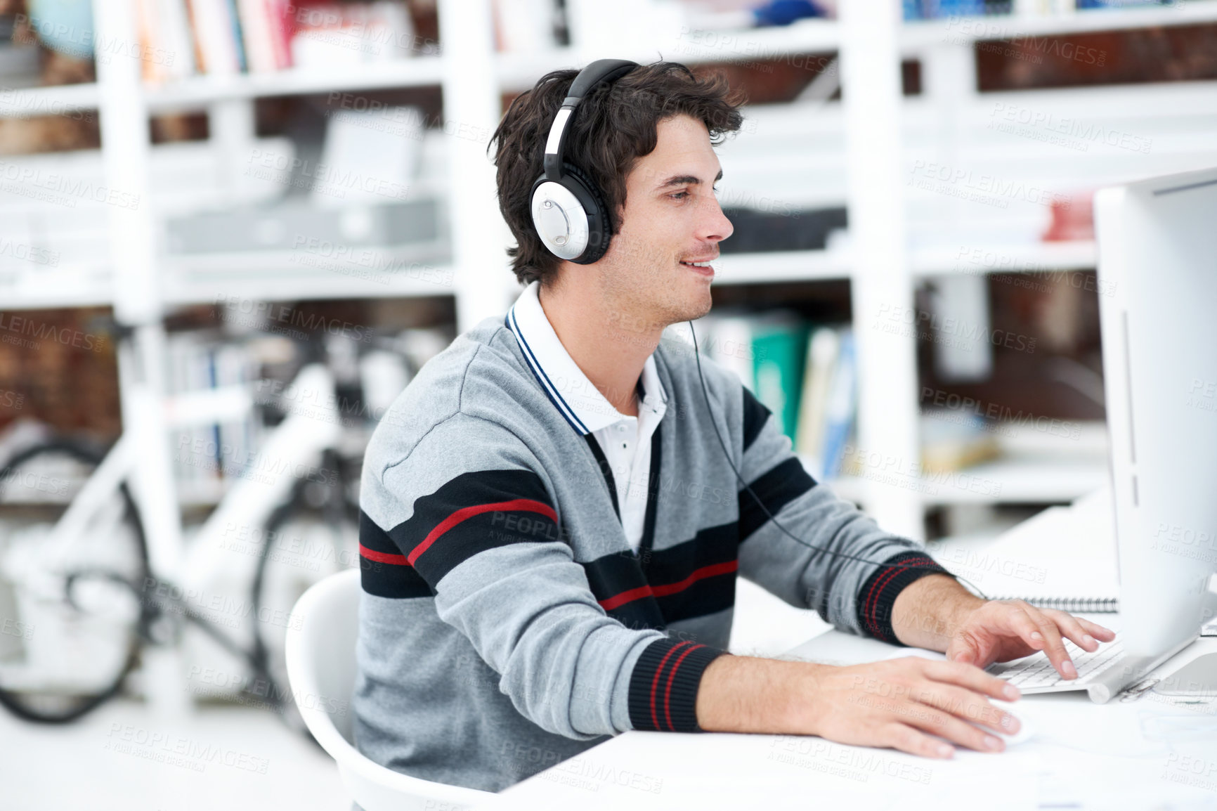 Buy stock photo Headphones, computer and smile with business man in office for web developer, research and planning. Logo design, creative project and music with person in startup agency for branding update