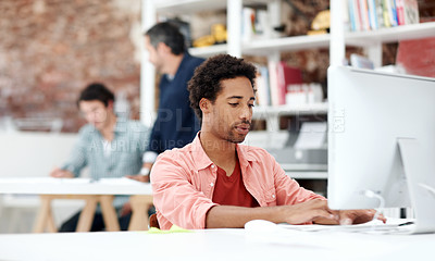 Buy stock photo Computer, research and typing with business man for media planner, coworking and brand analyst. Campaign report, project and customer survey review with person in creative agency for account reach