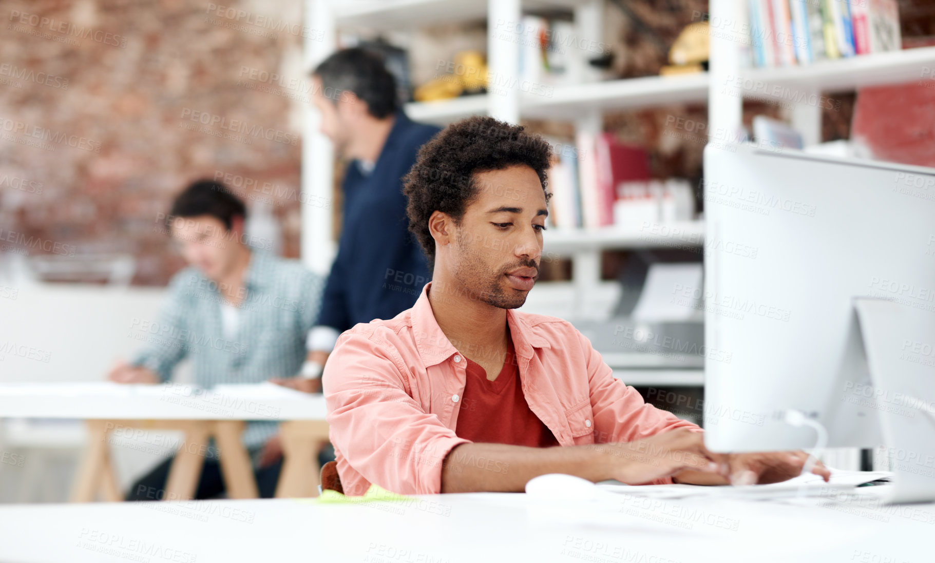 Buy stock photo Computer, research and typing with business man for media planner, coworking and brand analyst. Campaign report, project and customer survey review with person in creative agency for account reach