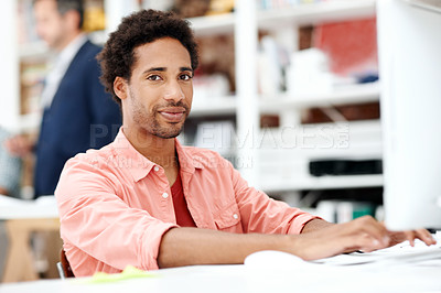 Buy stock photo Computer, portrait and smile with business man in office for branding advisor, pride and about us. Professional, campaign consultant and career growth with person in creative agency for startup