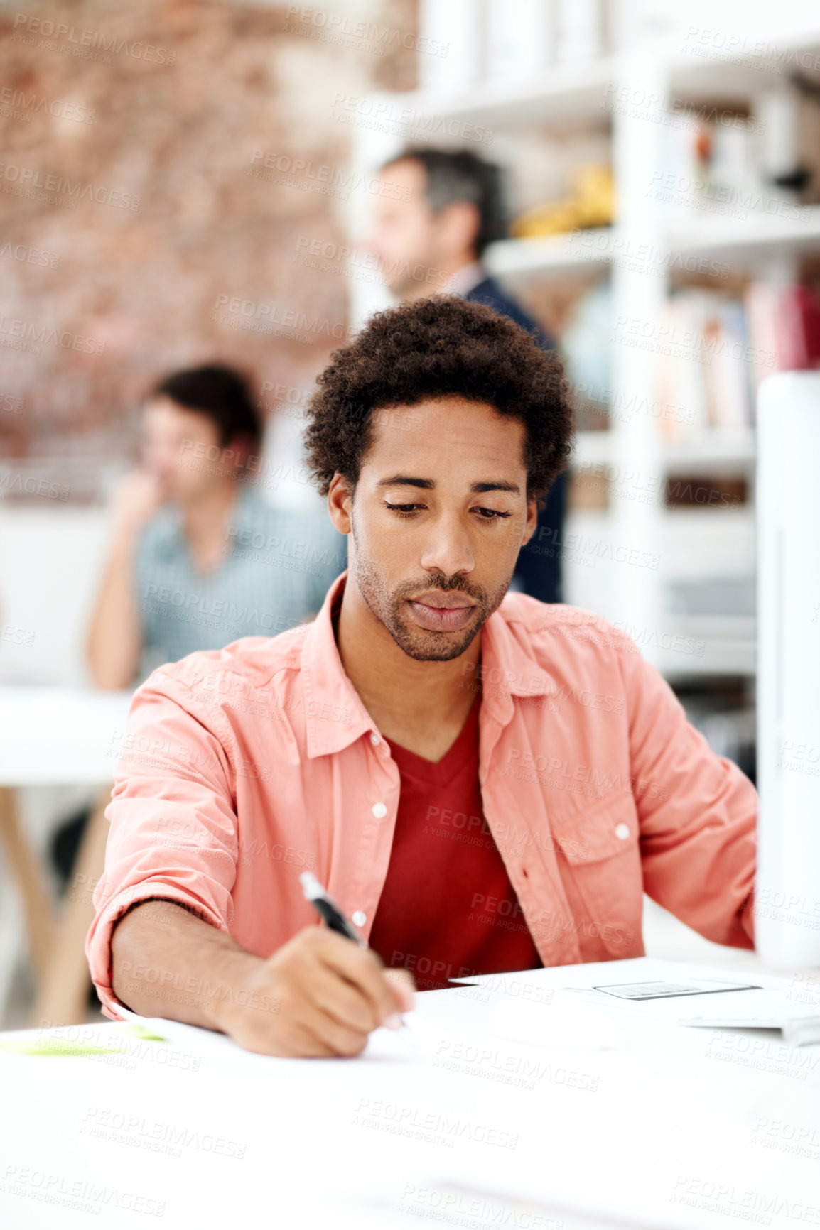 Buy stock photo Computer, writing and report with business man in office for marketing research, reading and startup. Brand perception, advertising insight and planning with employee in media agency for idea