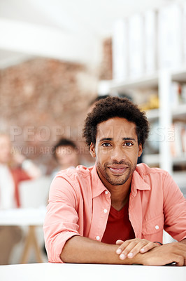 Buy stock photo Smile, professional and portrait of business man in office for branding startup, coworking and about us. Campaign manager, creative and pride with employee in media talent agency for career growth
