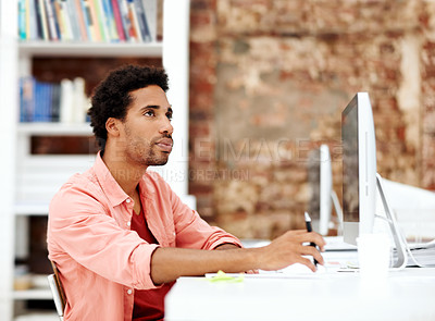 Buy stock photo Computer, thinking and idea with business black man in office for marketing research, project and vision. Brand perception, advertising insight and planning with employee in  agency for reflection