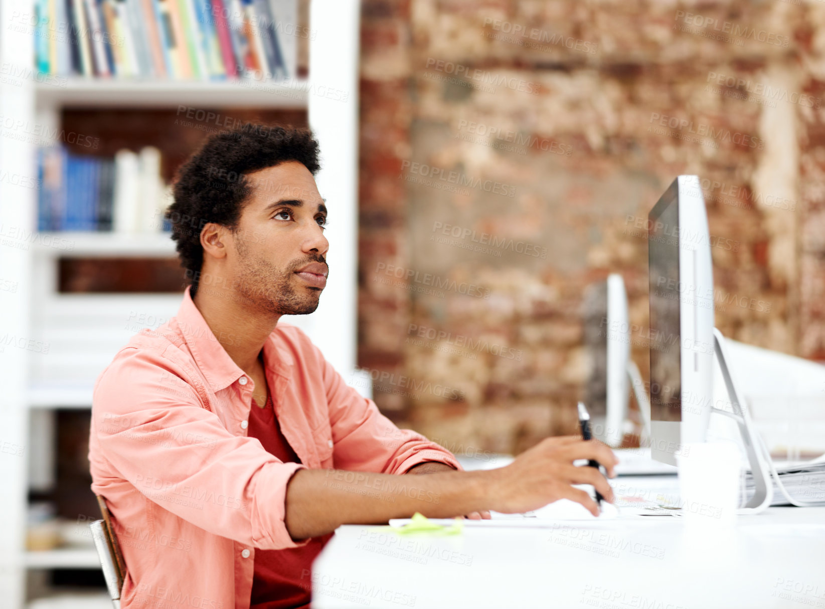 Buy stock photo Computer, thinking and idea with business black man in office for marketing research, project and vision. Brand perception, advertising insight and planning with employee in  agency for reflection