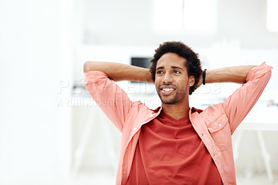 Buy stock photo Designer, relax and thinking with business black man in office for branding advisor, done or vision. Professional, campaign consultant and reflection with person in creative agency for finish project