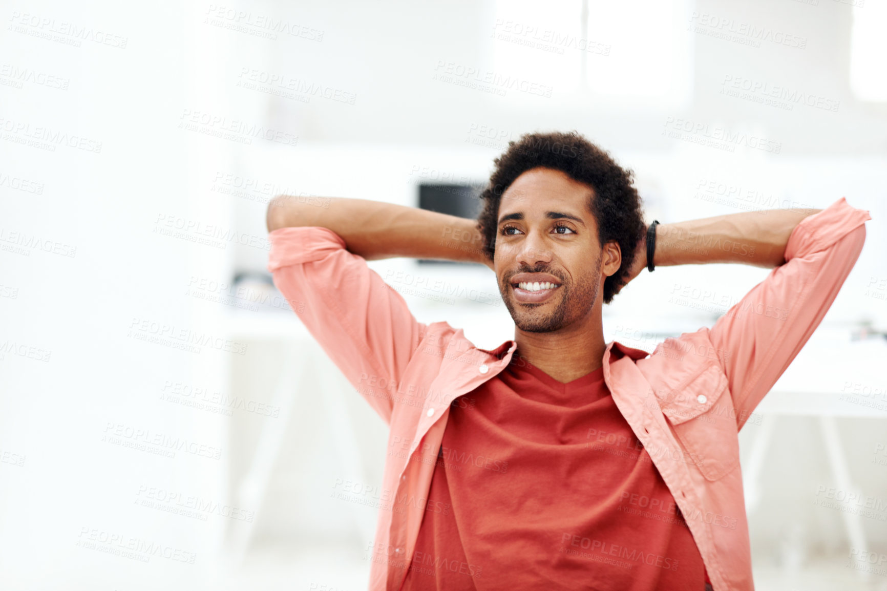 Buy stock photo Designer, relax and thinking with business black man in office for branding advisor, done or vision. Professional, campaign consultant and reflection with person in creative agency for finish project