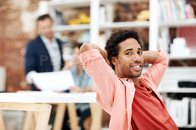 Buy stock photo Relax, creative and portrait of business man in office for branding startup, coworking and about us. Campaign manager, satisfaction and done with employee with hands behind head for finish project