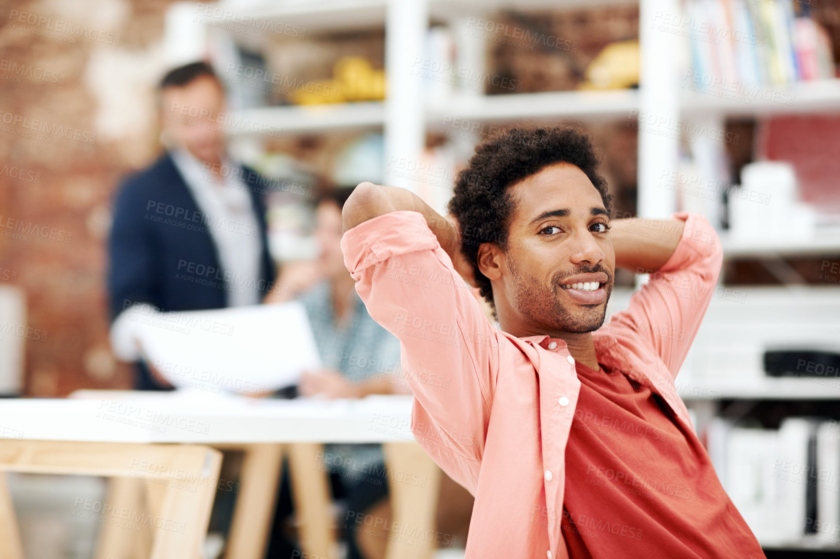 Buy stock photo Relax, creative and portrait of business man in office for branding startup, coworking and about us. Campaign manager, satisfaction and done with employee with hands behind head for finish project