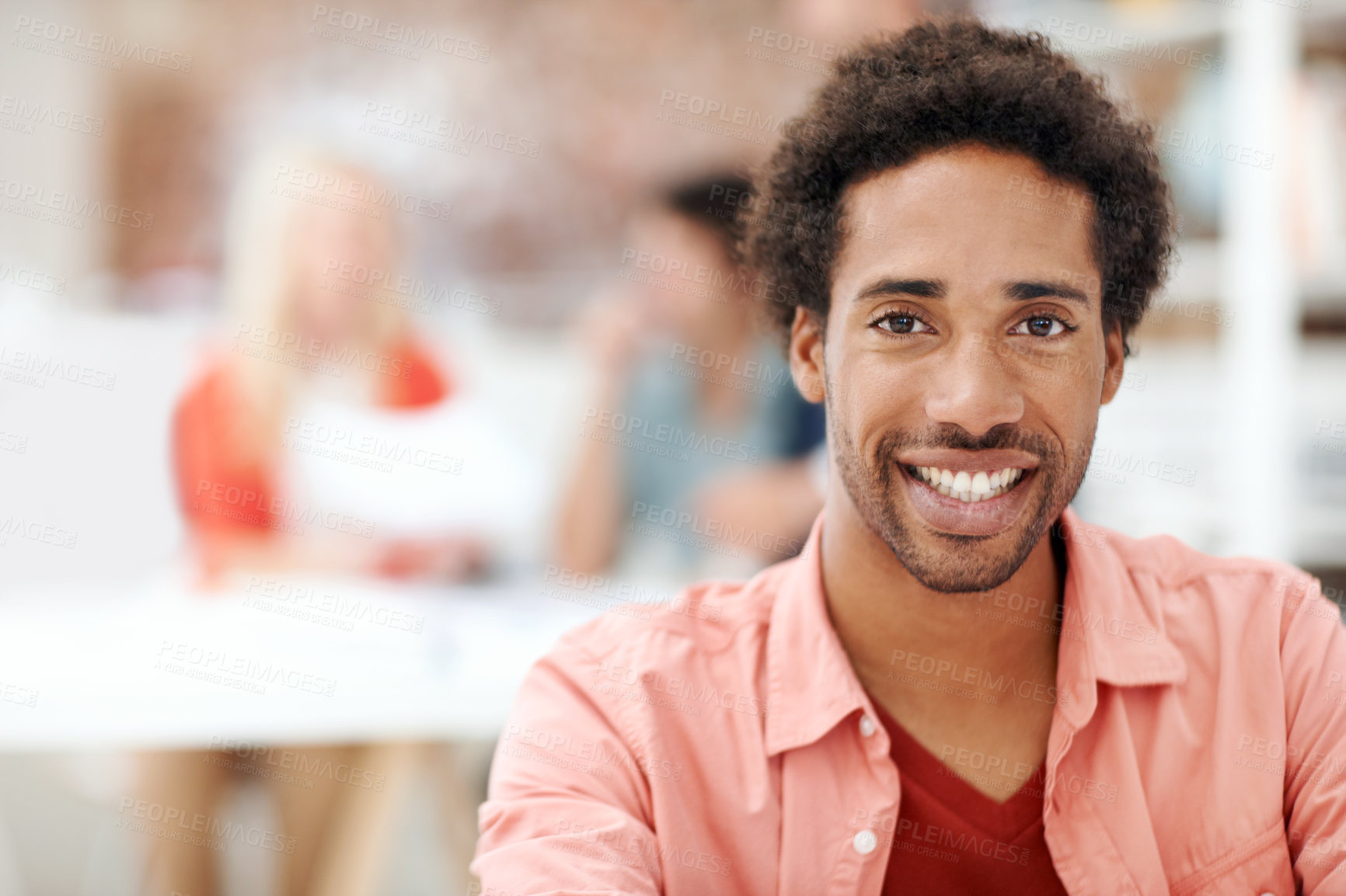 Buy stock photo Space, creative and portrait of business man in office for branding startup, coworking and about us. Campaign manager, professional and pride with employee in media talent agency for career growth