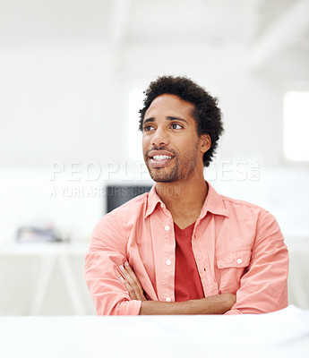 Buy stock photo Relax, smile and thinking with business man in office for branding advisor, pride and vision. Professional, campaign consultant and reflection with person in creative agency for startup for idea