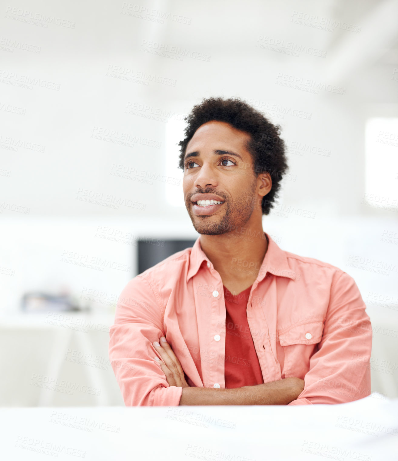 Buy stock photo Relax, smile and thinking with business man in office for branding advisor, pride and vision. Professional, campaign consultant and reflection with person in creative agency for startup for idea