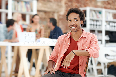 Buy stock photo Smile, startup and portrait of business man in office for branding company, coworking and about us. Campaign manager, professional and pride with employee in media talent agency for career growth