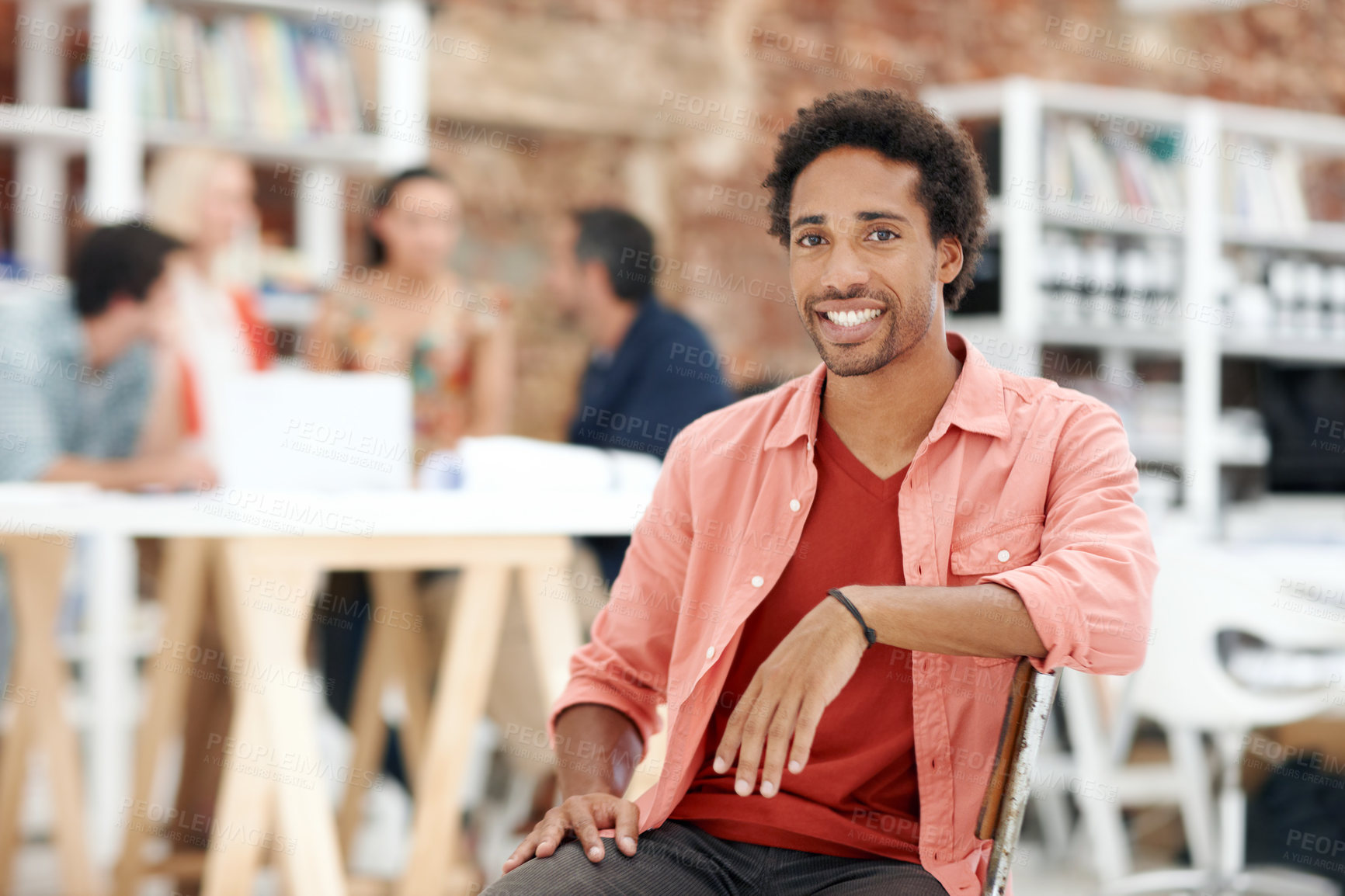 Buy stock photo Smile, startup and portrait of business man in office for branding company, coworking and about us. Campaign manager, professional and pride with employee in media talent agency for career growth