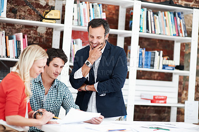 Buy stock photo Smile, meeting and floor plan with business people in office for idea, property or building proposal. Architecture, blueprint or real estate layout with employees and documents for  design project
