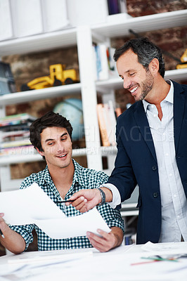 Buy stock photo Business, men and architect in meeting with documents, blueprint and policy for architecture. Smile, team and reading in workplace with paperwork, floor plan and information for building development