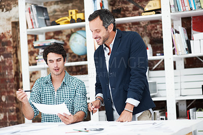 Buy stock photo People, architect and talk in meeting with document, blueprint and planning for architecture. Smile, team and discussion in office with paperwork, floor plan and information for building development