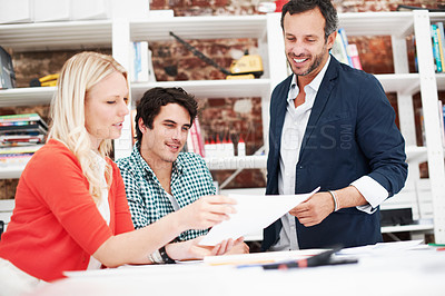 Buy stock photo Project, meeting and floor plan with business people in office for idea, property or building proposal. Architecture, blueprint or real estate layout with employees and documents for  design team