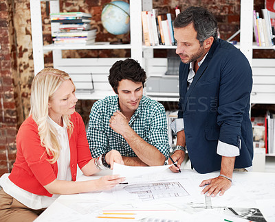 Buy stock photo Discussion, meeting and floor plan with business people in office for idea, property or building proposal. Architect, blueprint or real estate layout with employees and documents for design project