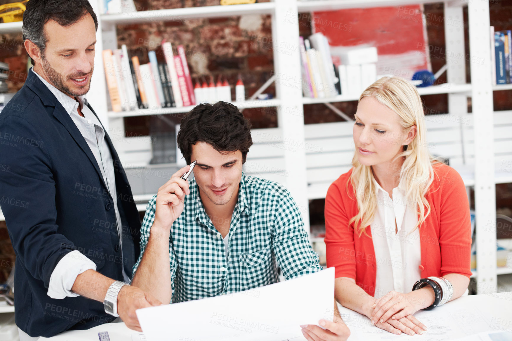 Buy stock photo Documents, mentor and planning with business people in meeting for property development, team and review. Floor plan proposal, architect crit session and collaboration with employees in agency