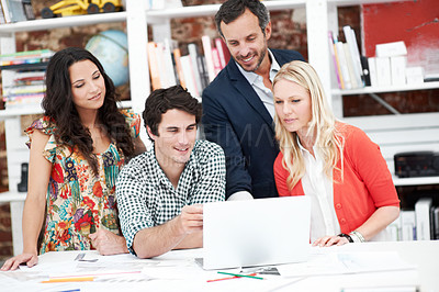 Buy stock photo Business, people and architect in office with laptop, research and blueprint for architecture. Team, meeting and tech in workplace with documents, floor plan and information for building development