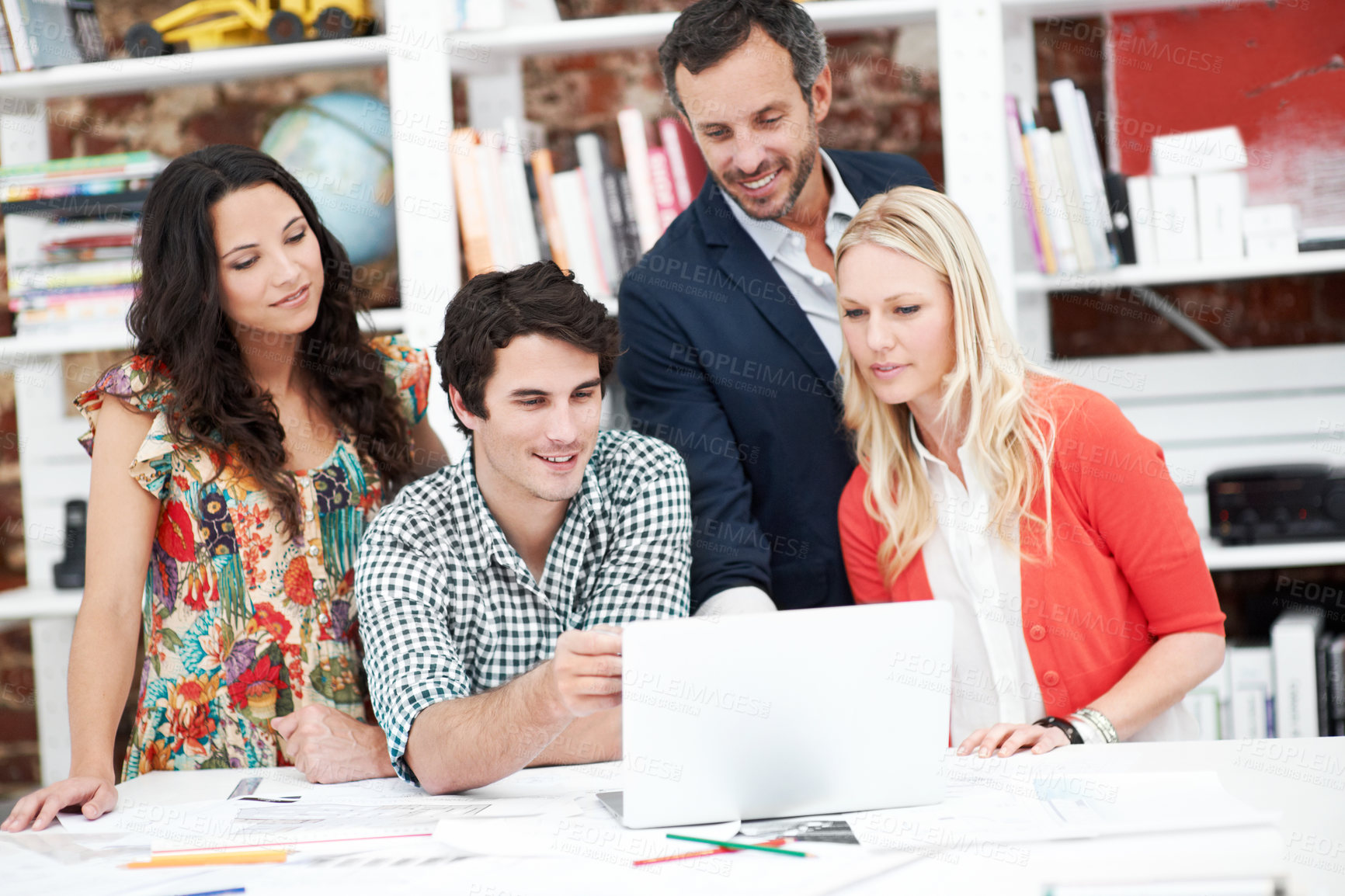 Buy stock photo Business, people and architect in office with laptop, research and blueprint for architecture. Team, meeting and tech in workplace with documents, floor plan and information for building development