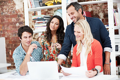 Buy stock photo Laptop, meeting and research with business people in office for interior design briefing, review and team. Architect project timeline, collaboration and decor pitch with employees in creative firm