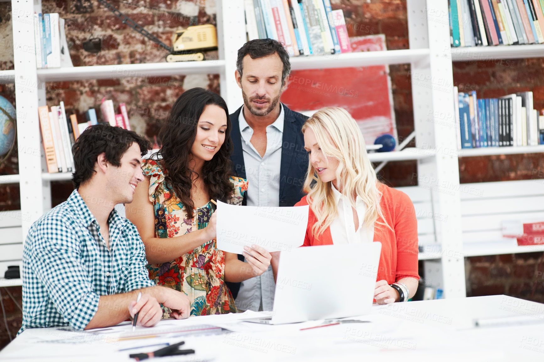 Buy stock photo Laptop, meeting and floor plan with business people in office for interior design briefing, review or documents. Architect project timeline, collaboration and expansion pitch with employees in agency