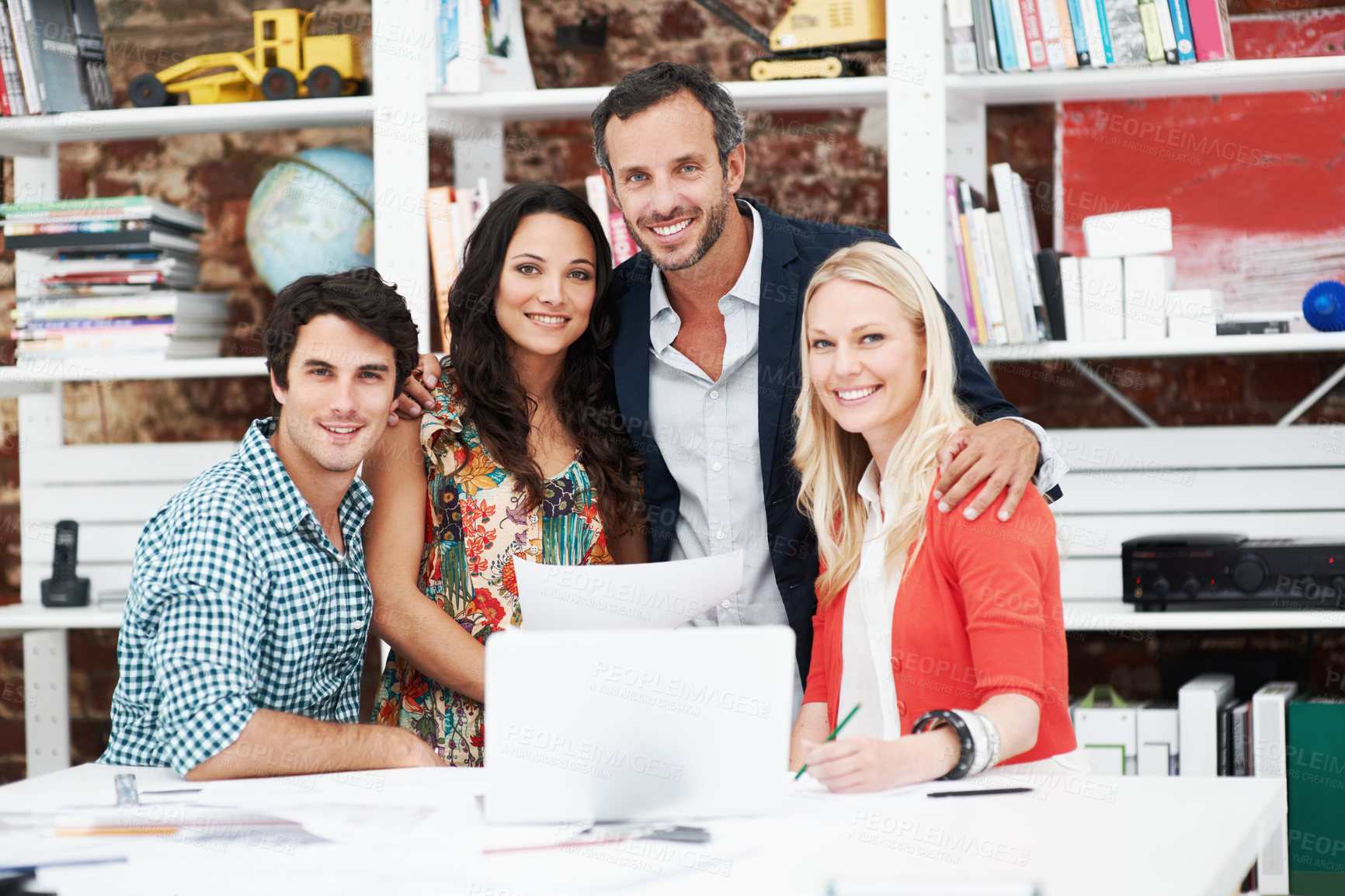 Buy stock photo Laptop, team and portrait of business people in office for interior design briefing, about us and meeting. Architect project timeline, collaboration and decor pitch with employees in creative firm