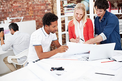 Buy stock photo Business, people and architect in meeting with blueprint, design and sketch for architecture. Team, reading and laptop in workplace with documents, floor plan and information for building development