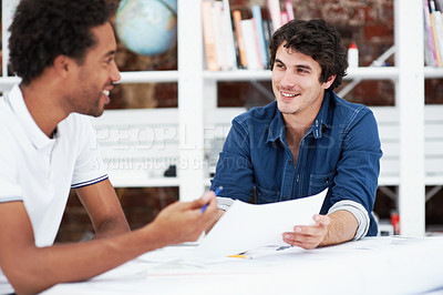 Buy stock photo Blueprint, team or happy men with idea in office, drawing design or project development. Architect, floor plan or people with smile in meeting, construction paperwork or solution in creative startup