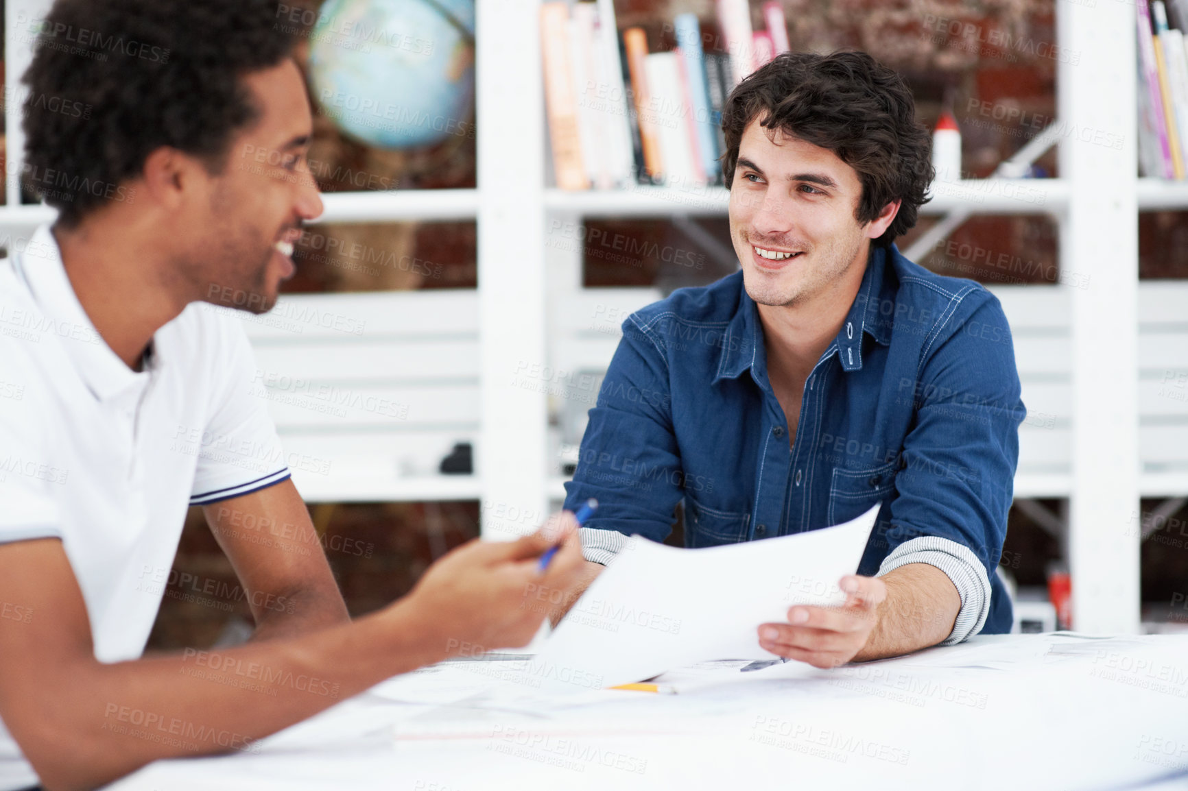 Buy stock photo Blueprint, team or happy men with idea in office, drawing design or project development. Architect, floor plan or people with smile in meeting, construction paperwork or solution in creative startup