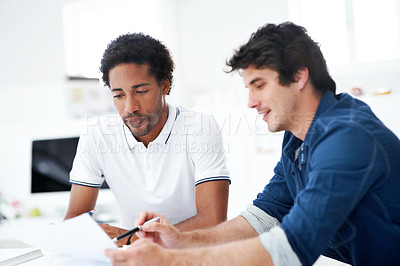 Buy stock photo Blueprint, team or men with proposal in office, schematic design or project development. Architect, talk or people with floor plan in meeting, construction paper or evaluation in creative startup