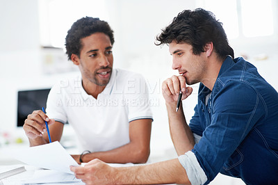 Buy stock photo Architect, teamwork and men with floor plan in office, discussion and real estate design in meeting. Architecture, designer and people with paperwork, collaboration and property development ideas