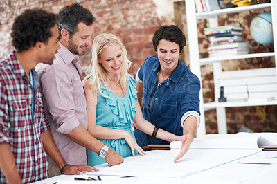 Buy stock photo Team, architects and discussion with blueprint at startup, layout design or building development. Smile, people and construction document in meeting, creative engineering or floor plan in office