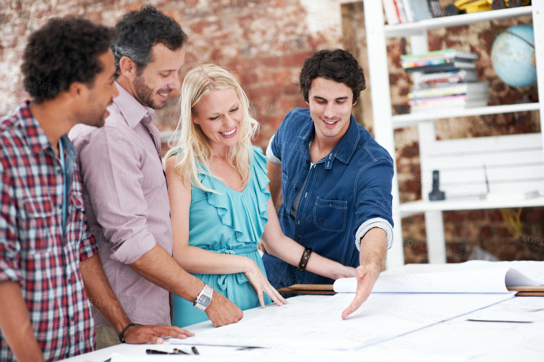 Buy stock photo Team, architects and discussion with blueprint at startup, layout design or building development. Smile, people and construction document in meeting, creative engineering or floor plan in office