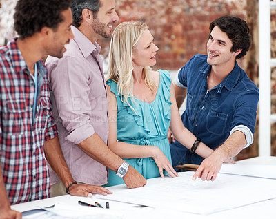 Buy stock photo Group, architects and discussion with blueprint at startup, layout design or building development. Smile, people and construction paperwork in team meeting, creative feedback or pointing in office