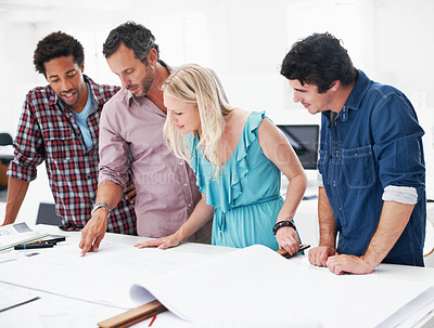 Buy stock photo Meeting, architects and design with blueprint at office, layout planning or building development. Discussion, people or team with construction paperwork, creative strategy or collaboration at startup